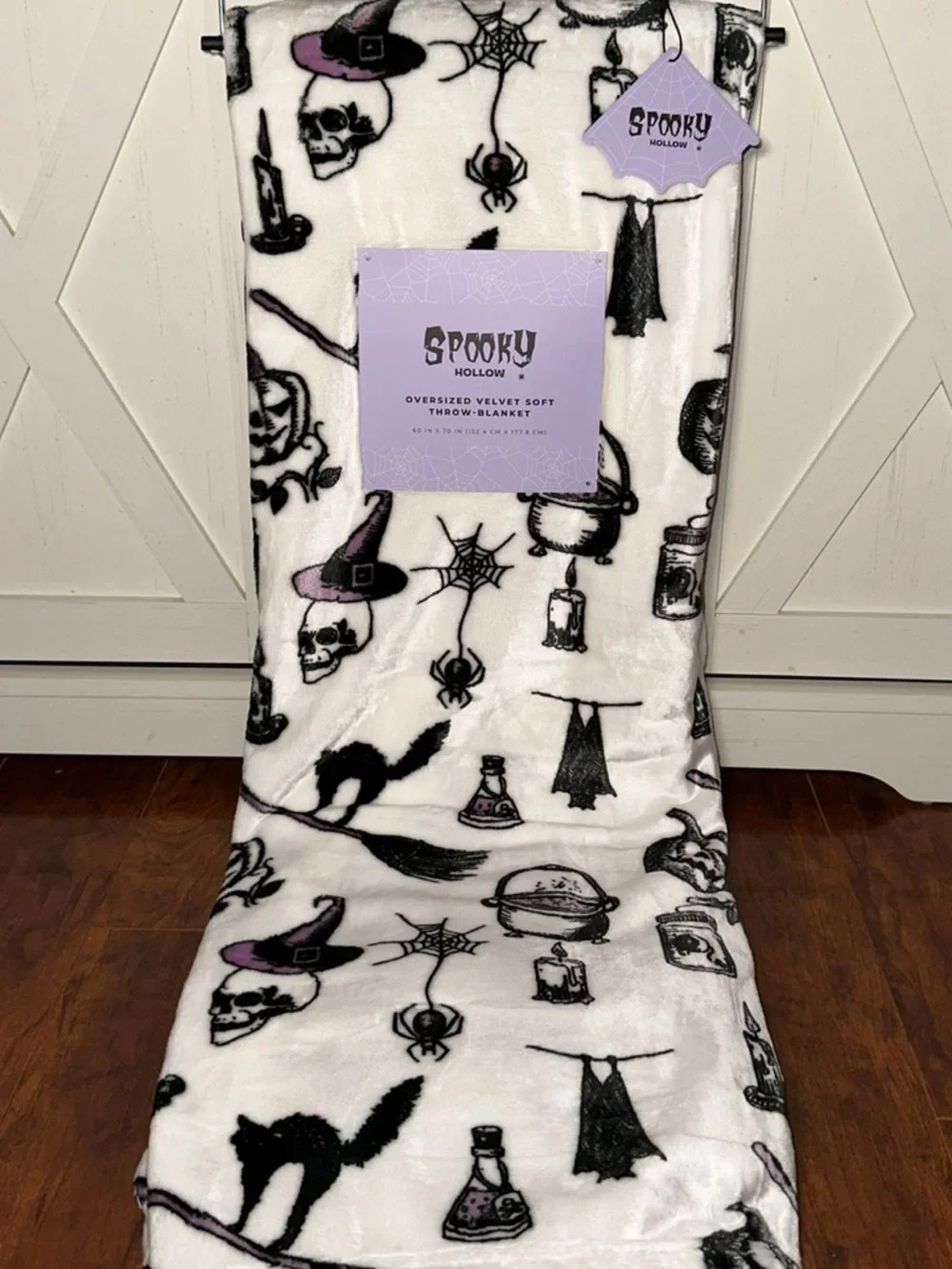 Spooky Hollow Black Cat & Skulls Halloween Plush Throw Blanket